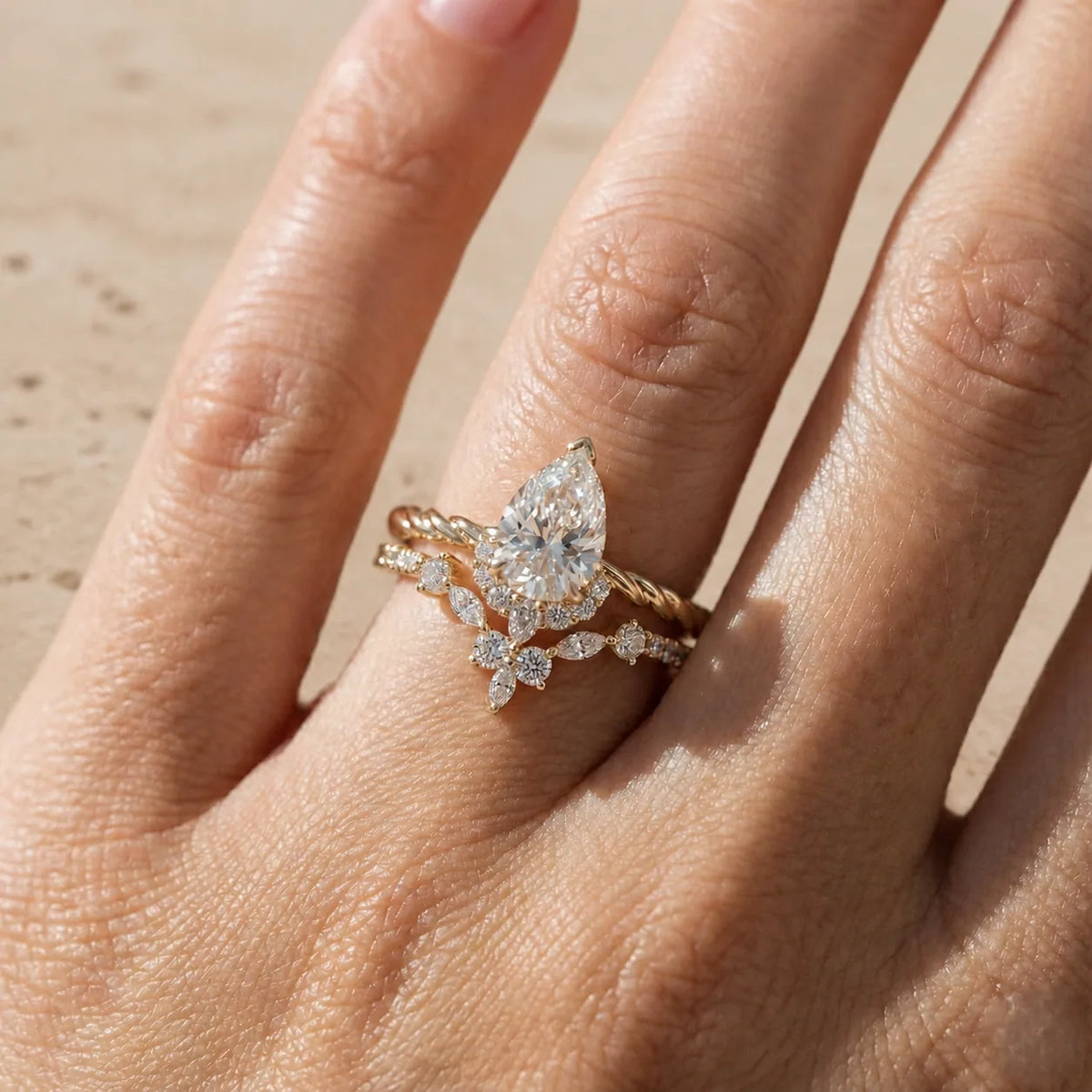 2 CT Pear Cut Lab-Grown Diamond Floral Cluster Twisted Bridal Ring Set