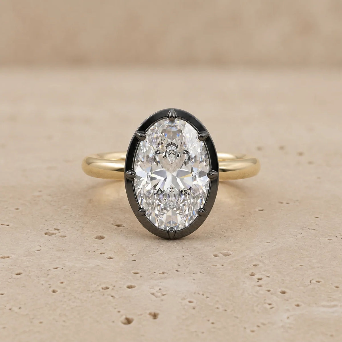 3.7 CT Oval Lab-Grown Diamond Georgian-Inspired Black Collet Button-Back Bezel-Set Engagement Ring
