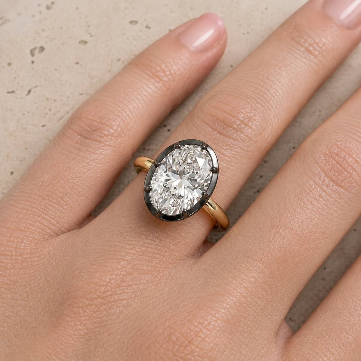 3.7 CT Oval Lab-Grown Diamond Georgian-Inspired Black Collet Button-Back Bezel-Set Engagement Ring
