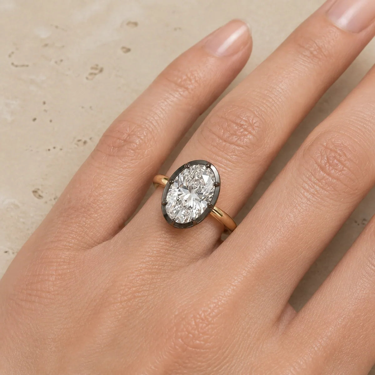 3.7 CT Oval Lab-Grown Diamond Georgian-Inspired Black Collet Button-Back Bezel-Set Engagement Ring