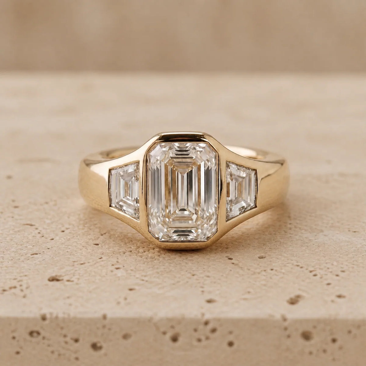 3 CT Emerald Lab-Grown Diamond Art Deco Three-Stone Bezel-Set Engagement Ring