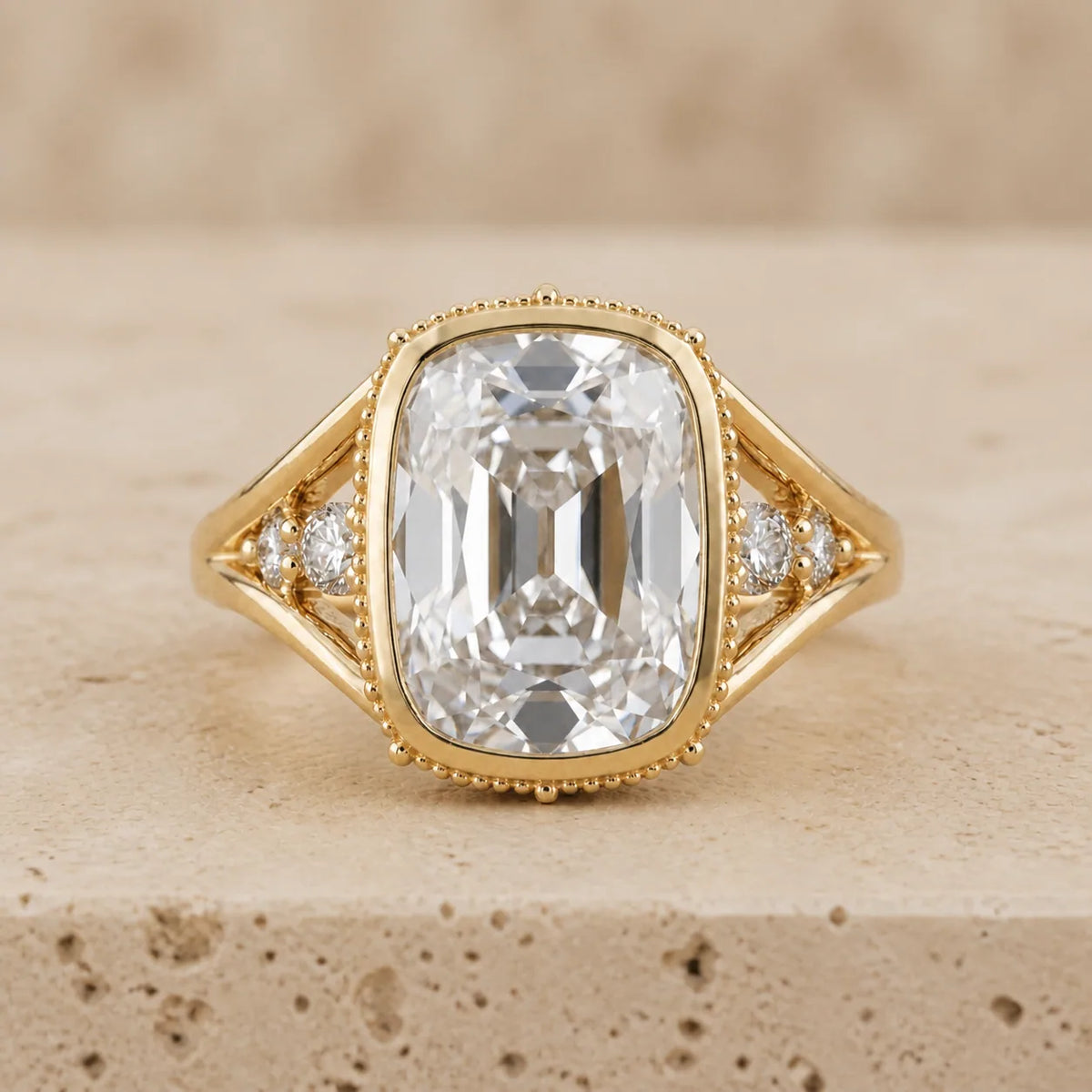 3 CT Old Mine Elongated Cushion Lab-Grown Diamond Victorian-Inspired Bezel-Set Split-Shank Engagement Ring