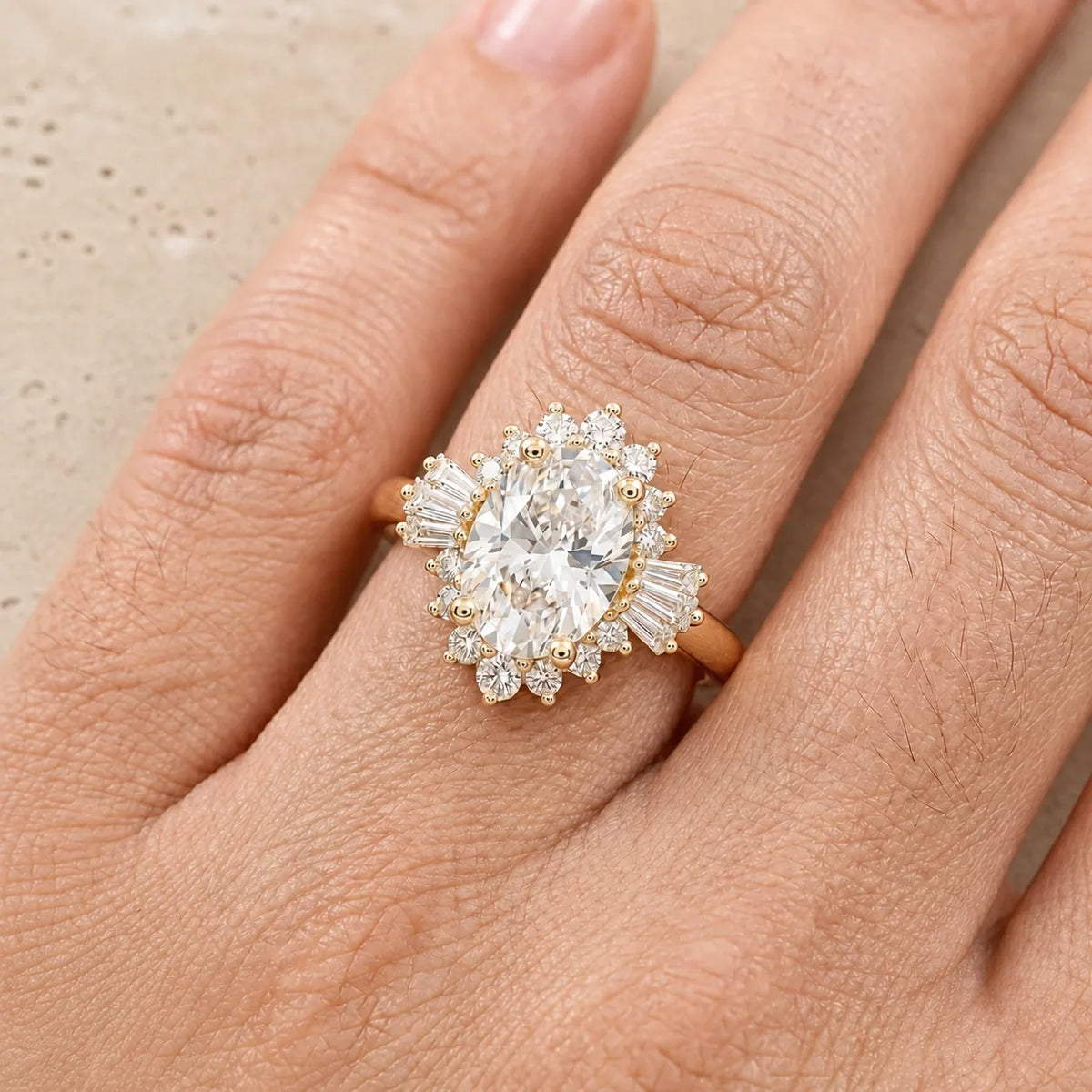 3 CT Oval Lab-Grown Diamond Art Deco Starburst Engagement Ring