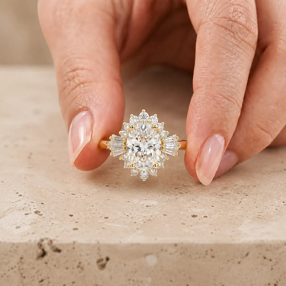 3 CT Oval Lab-Grown Diamond Art Deco Starburst Engagement Ring