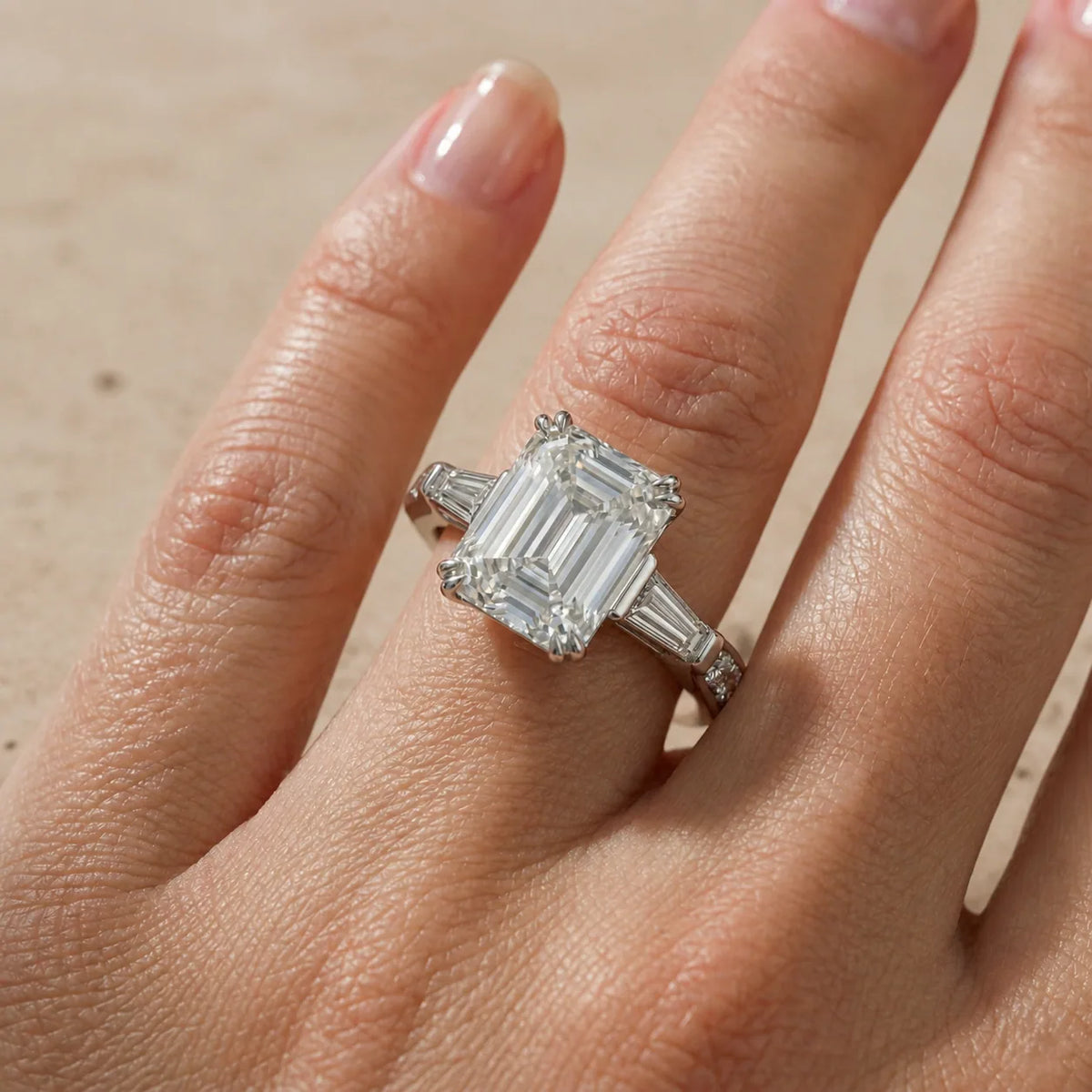 3 CT Emerald Cut Lab-Grown Diamond Baguette Pavé Three-Stone Engagement Ring