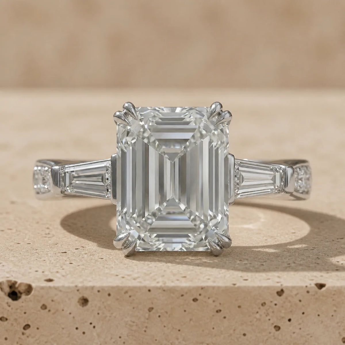 3 CT Emerald Cut Lab-Grown Diamond Baguette Pavé Three-Stone Engagement Ring