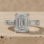 3 CT Emerald Cut Lab-Grown Diamond Baguette Pavé Three-Stone Engagement Ring