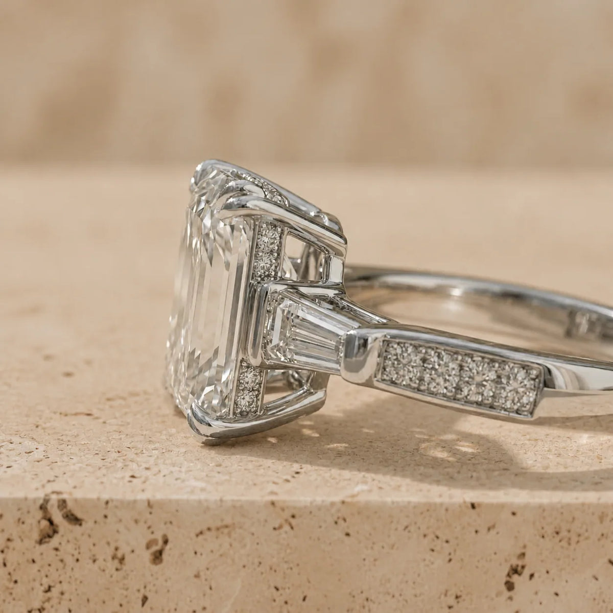3 CT Emerald Cut Lab-Grown Diamond Baguette Pavé Three-Stone Engagement Ring