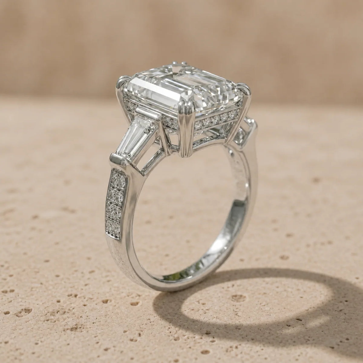 3 CT Emerald Cut Lab-Grown Diamond Baguette Pavé Three-Stone Engagement Ring