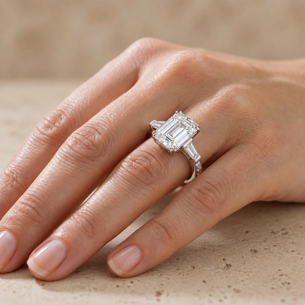 3 CT Emerald Cut Lab-Grown Diamond Baguette Pavé Three-Stone Engagement Ring
