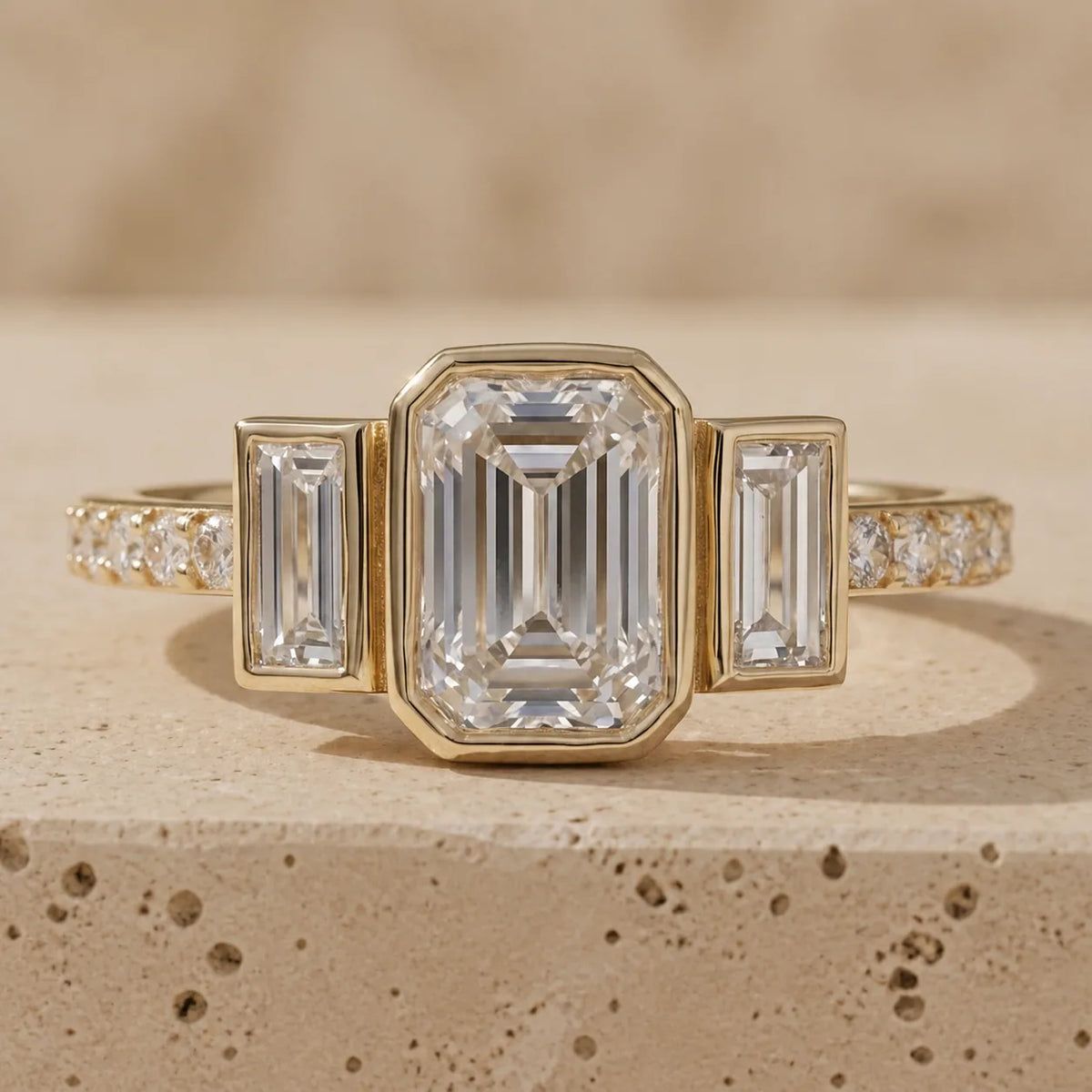 3 CT Emerald Cut Lab-Grown Diamond Bezel-Set Three-Stone Engagement Ring
