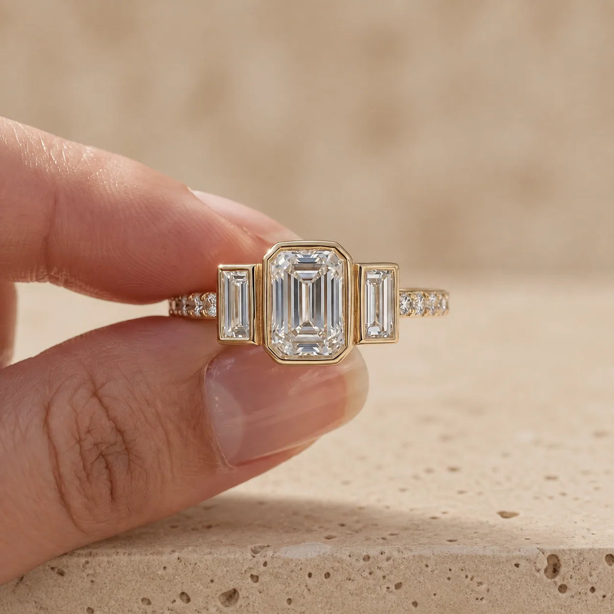 3 CT Emerald Cut Lab-Grown Diamond Bezel-Set Three-Stone Engagement Ring