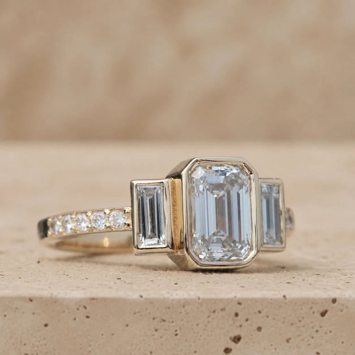 3 CT Emerald Cut Lab-Grown Diamond Bezel-Set Three-Stone Engagement Ring