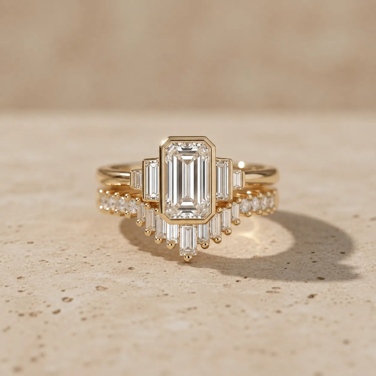 3 CT Emerald Cut Lab-Grown Diamond Bezel Bridal Ring Set with Baguette Band