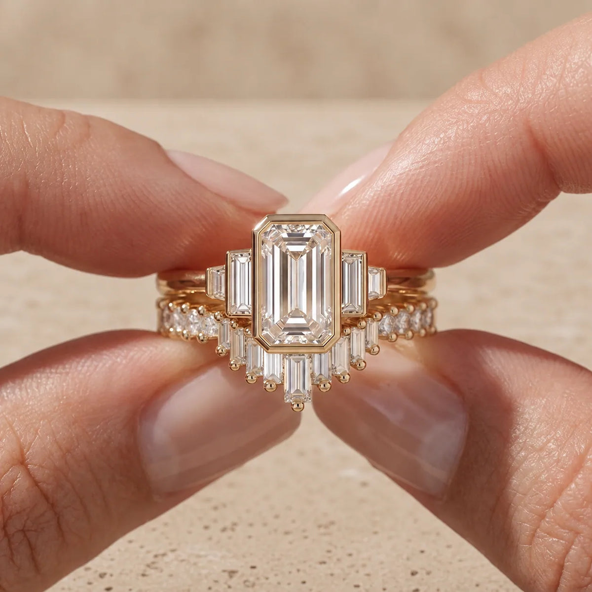 3 CT Emerald Cut Lab-Grown Diamond Bezel Bridal Ring Set with Baguette Band