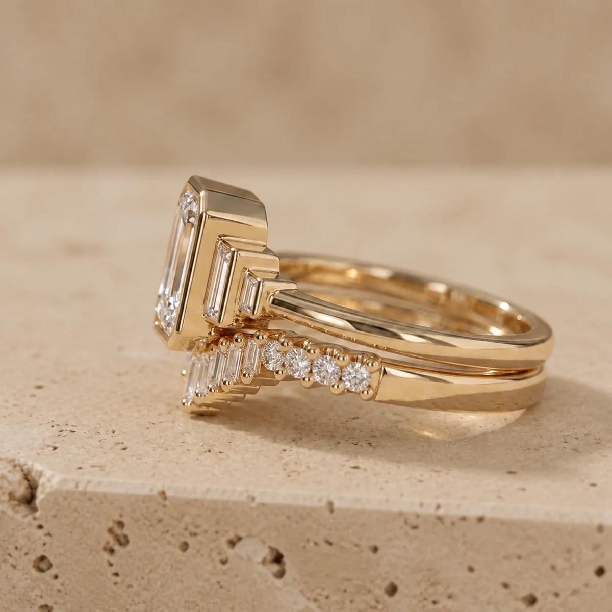 3 CT Emerald Cut Lab-Grown Diamond Bezel Bridal Ring Set with Baguette Band