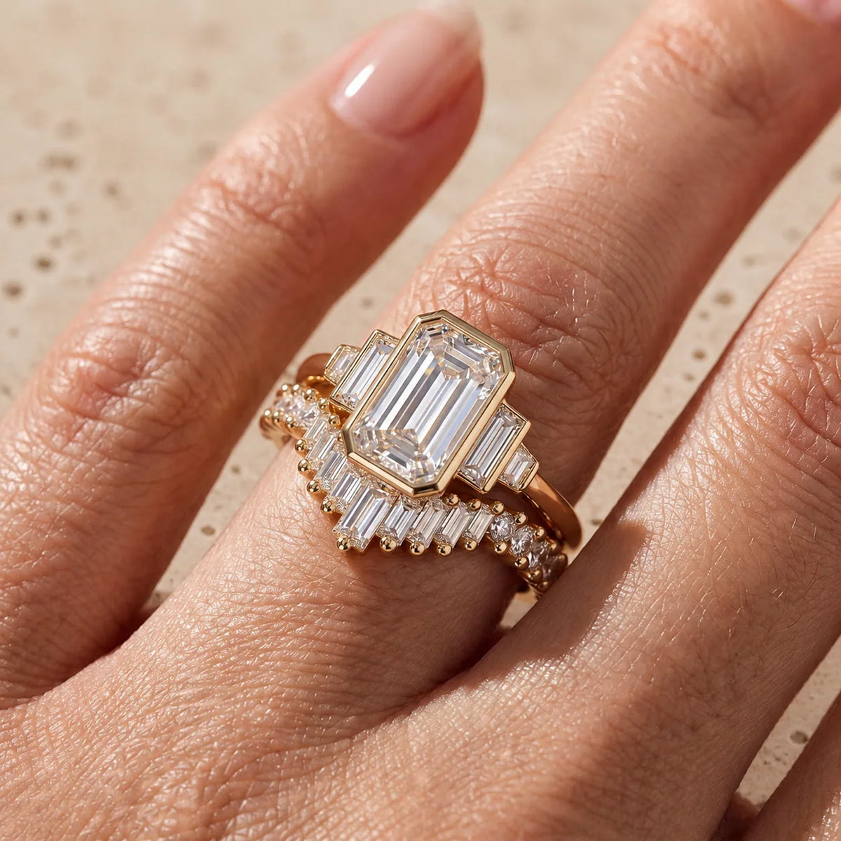 3 CT Emerald Cut Lab-Grown Diamond Bezel Bridal Ring Set with Baguette Band