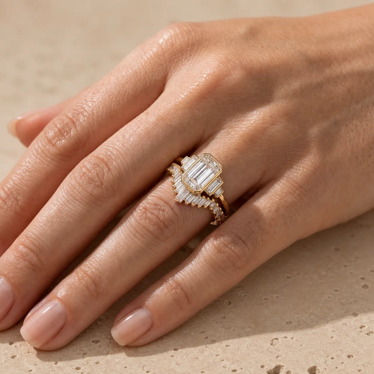 3 CT Emerald Cut Lab-Grown Diamond Bezel Bridal Ring Set with Baguette Band