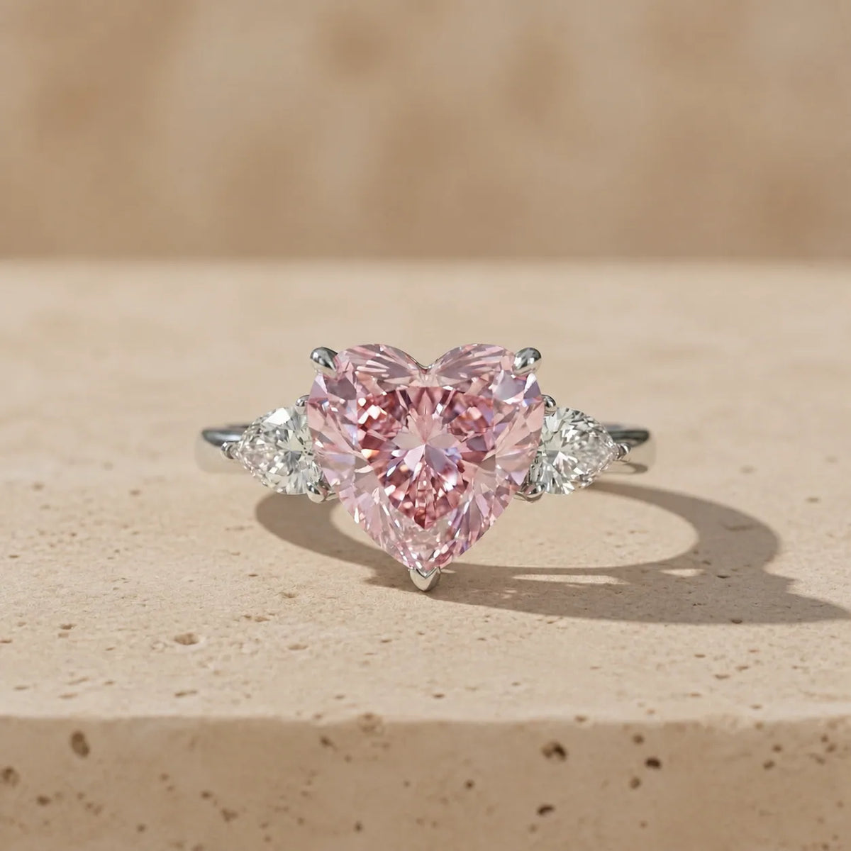 3 CT Fancy Pink Heart Cut Lab-Grown Diamond Three-Stone Engagement Ring