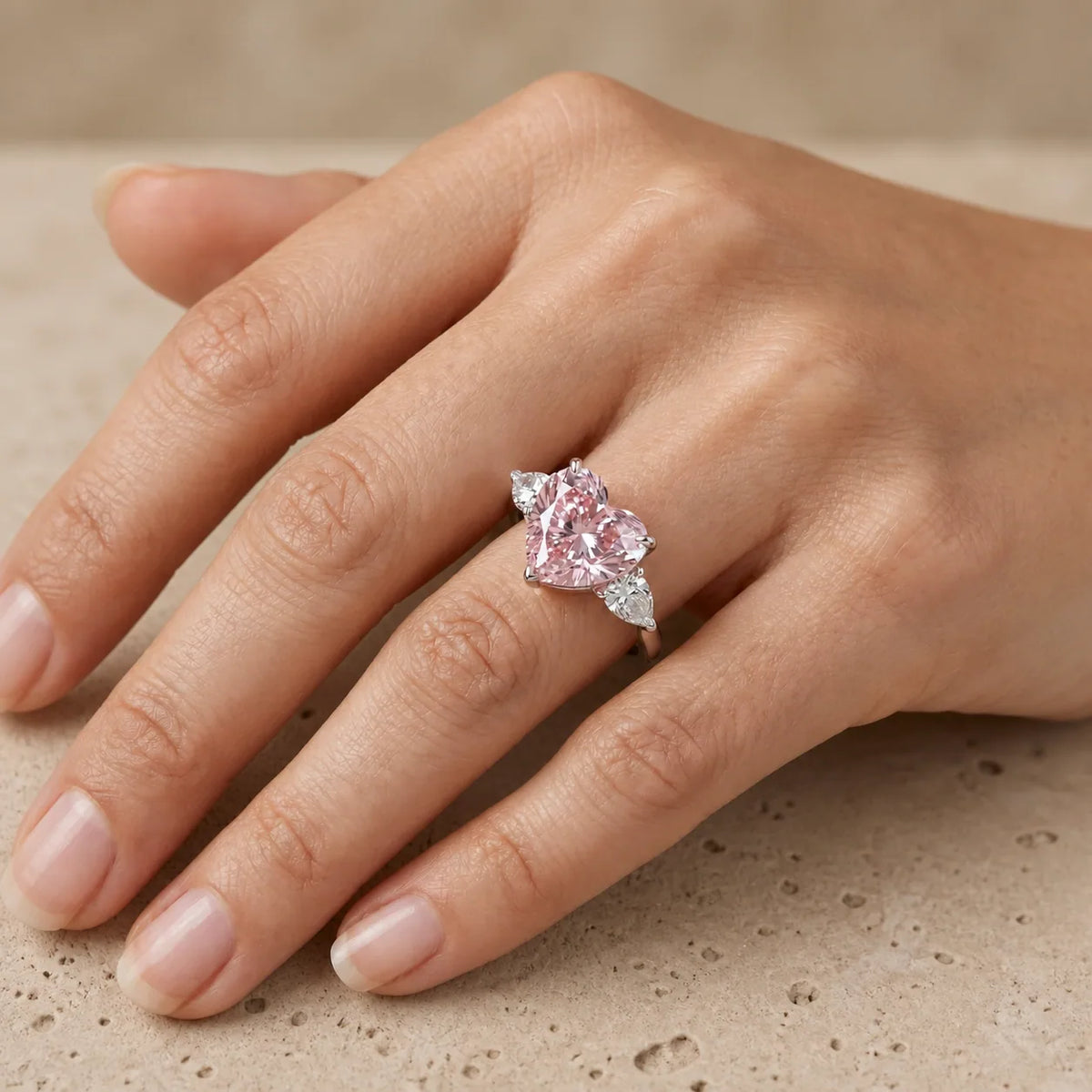 3 CT Fancy Pink Heart Cut Lab-Grown Diamond Three-Stone Engagement Ring