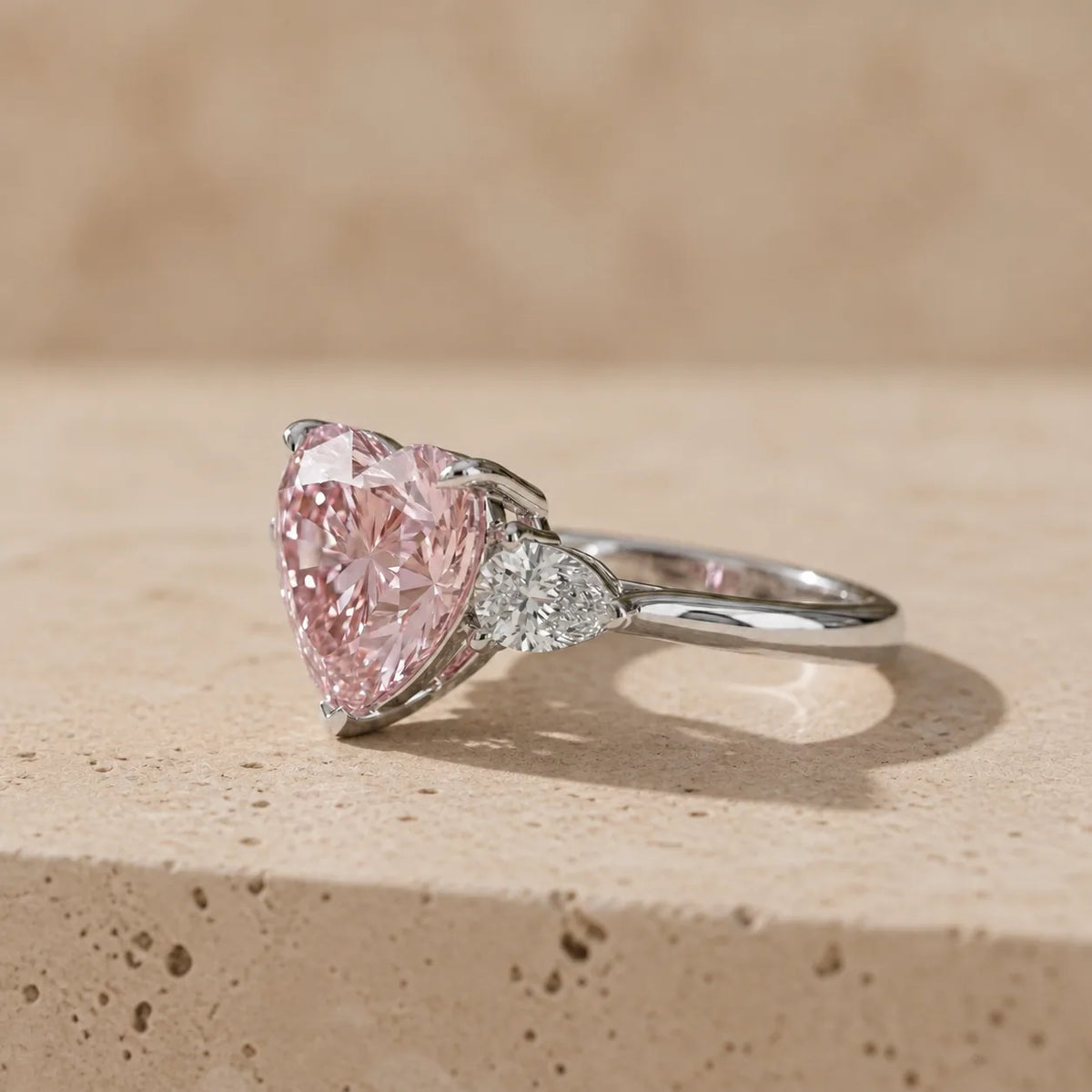 3 CT Fancy Pink Heart Cut Lab-Grown Diamond Three-Stone Engagement Ring
