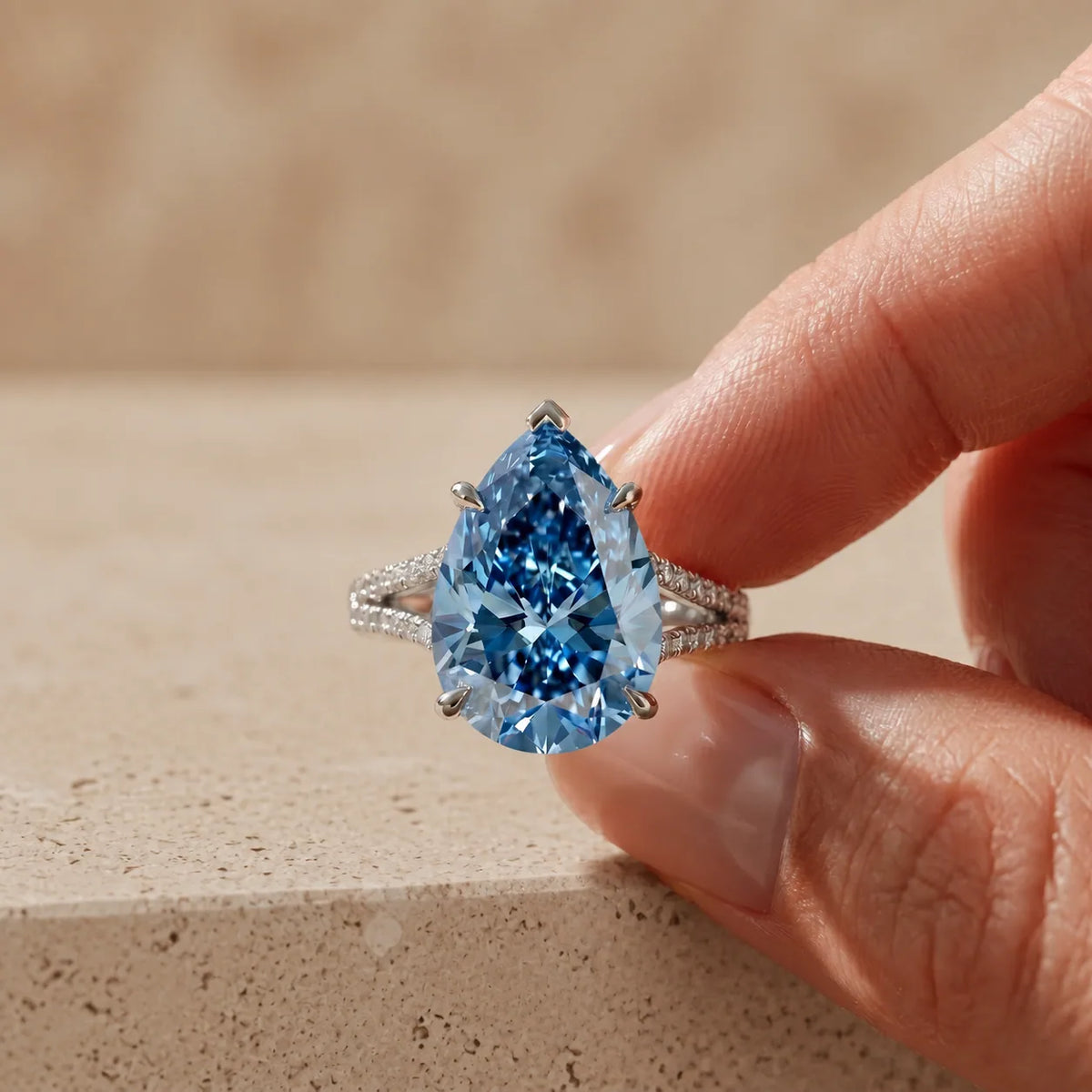 3 CT Fancy Vivid Blue Pear Cut Lab-Grown Diamond Solitaire Engagement Ring