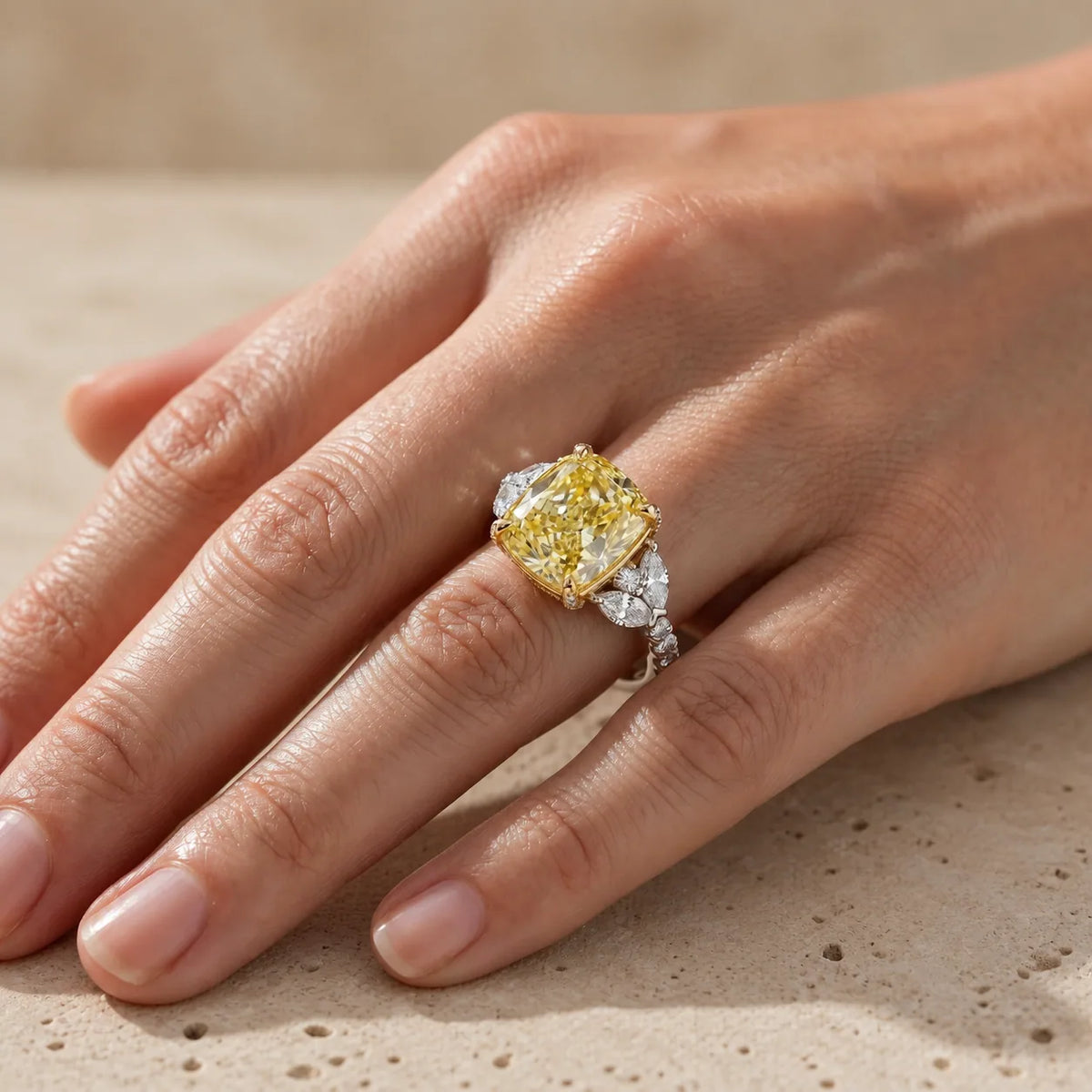 3 CT Fancy Yellow Cushion Cut Lab-Grown Diamond Cluster Cocktail Ring