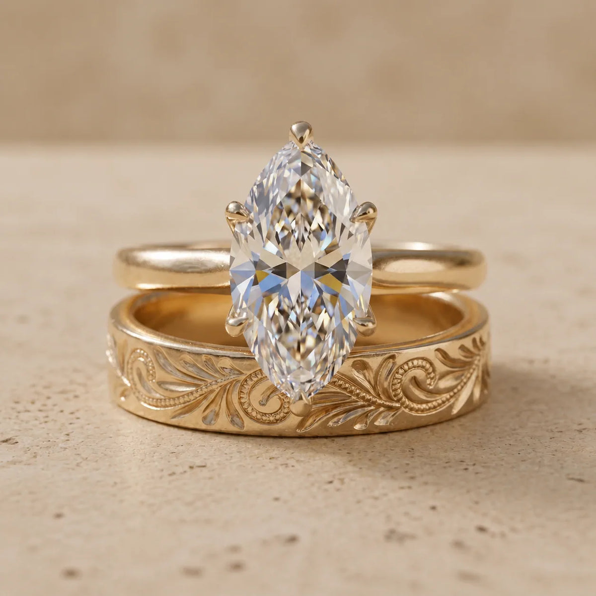 3 CT Marquise Cut Lab-Grown Diamond Floral-Engraved Bridal Ring Set