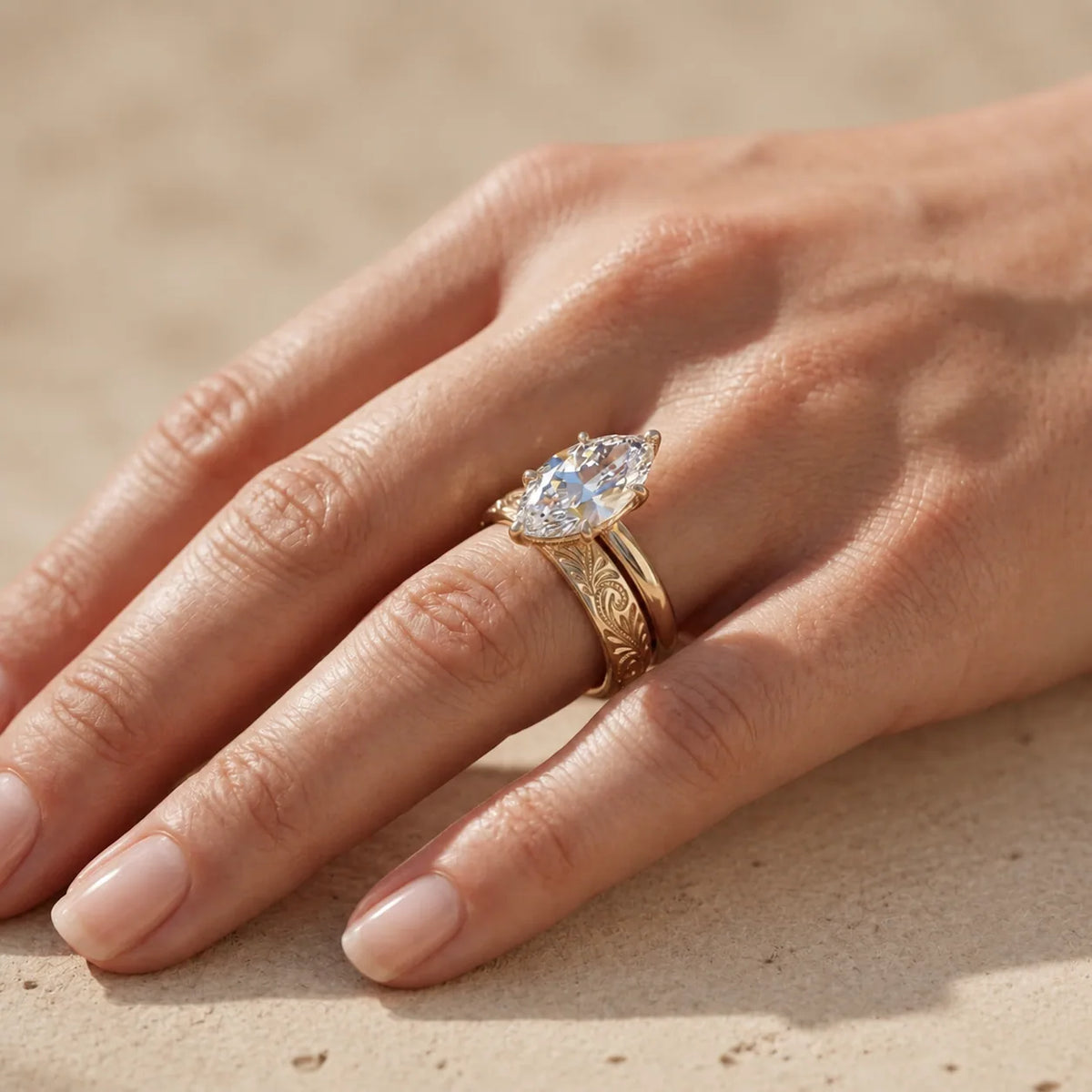 3 CT Marquise Cut Lab-Grown Diamond Floral-Engraved Bridal Ring Set