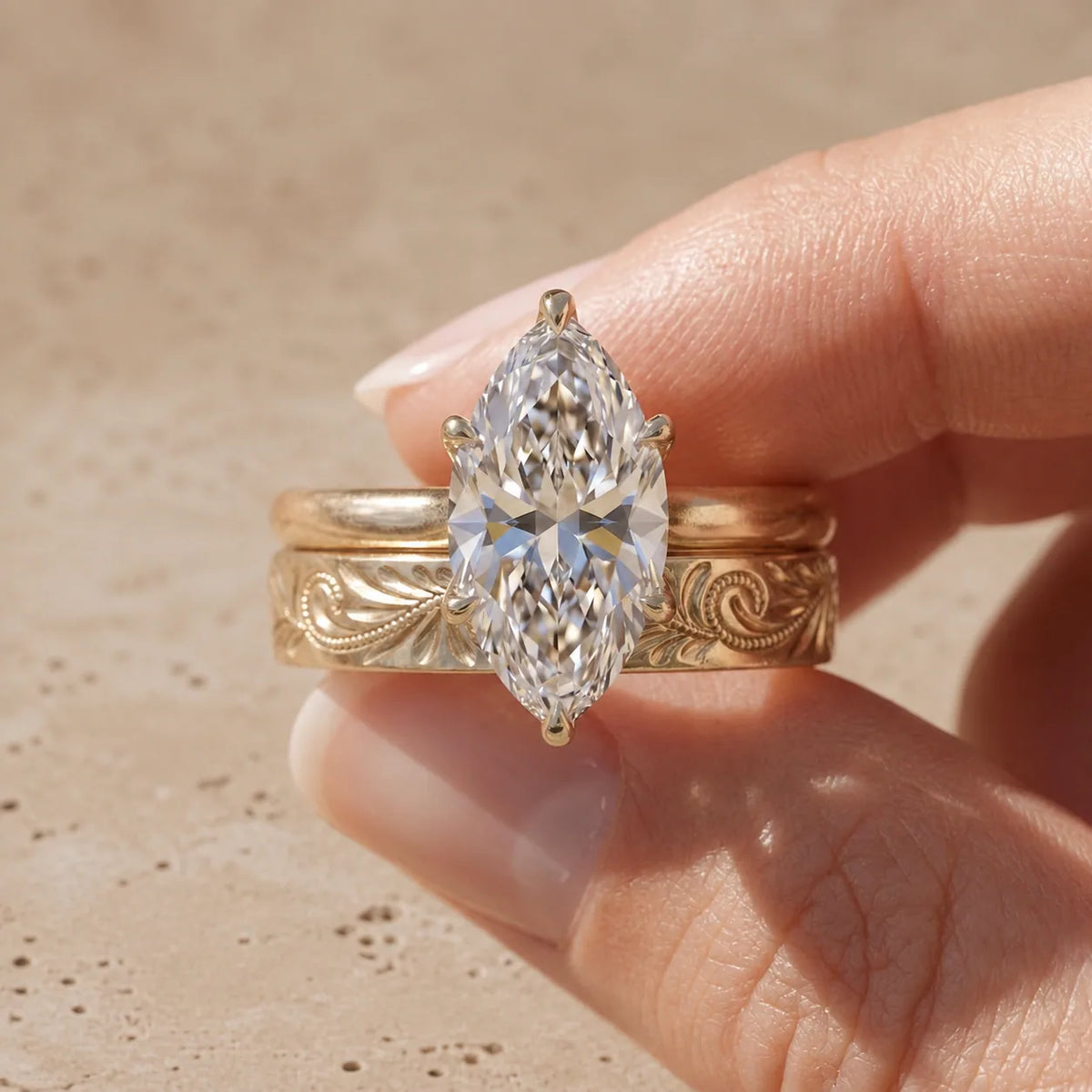 3 CT Marquise Cut Lab-Grown Diamond Floral-Engraved Bridal Ring Set
