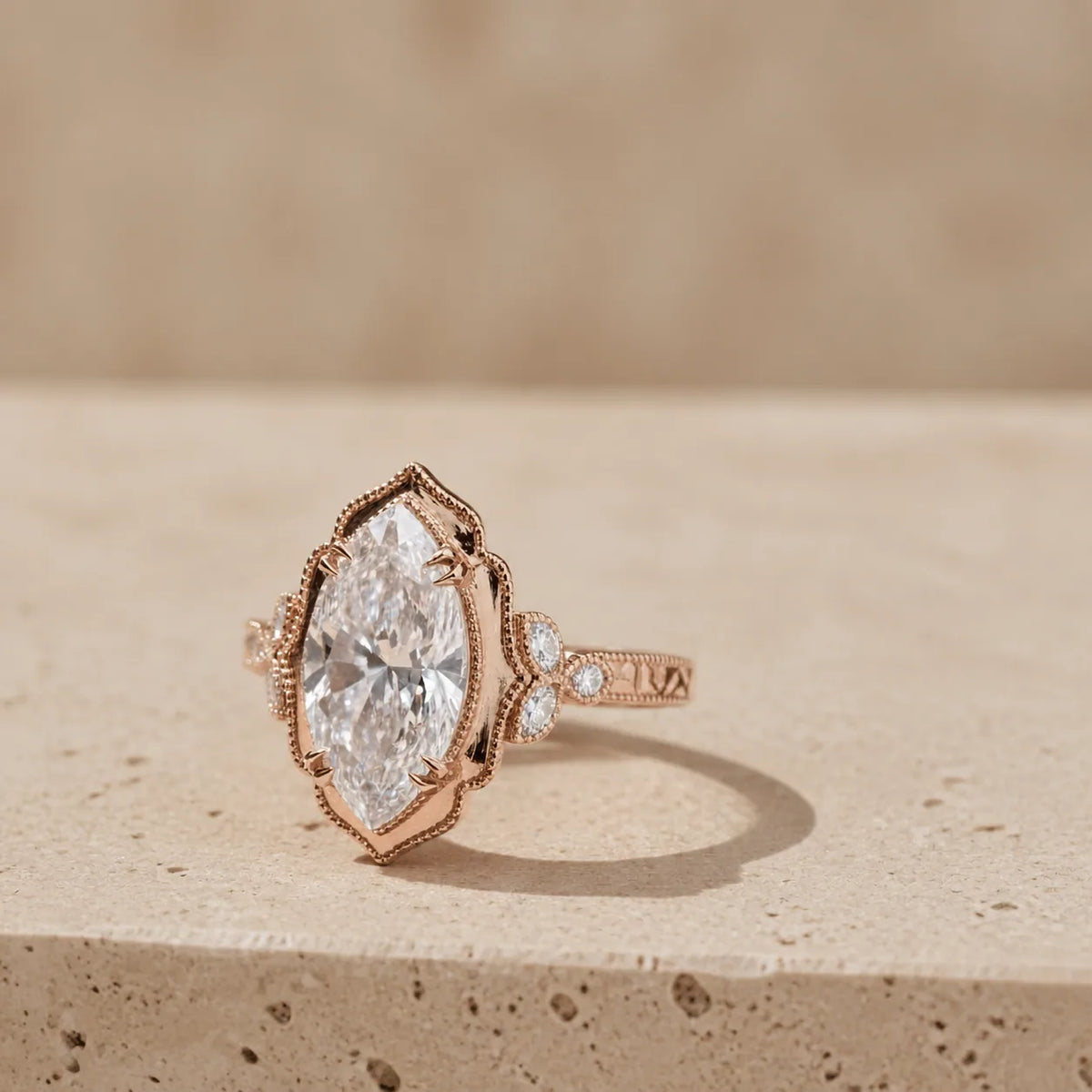 3 CT Marquise Cut Lab-Grown Diamond Hand-Engraved Engagement Ring
