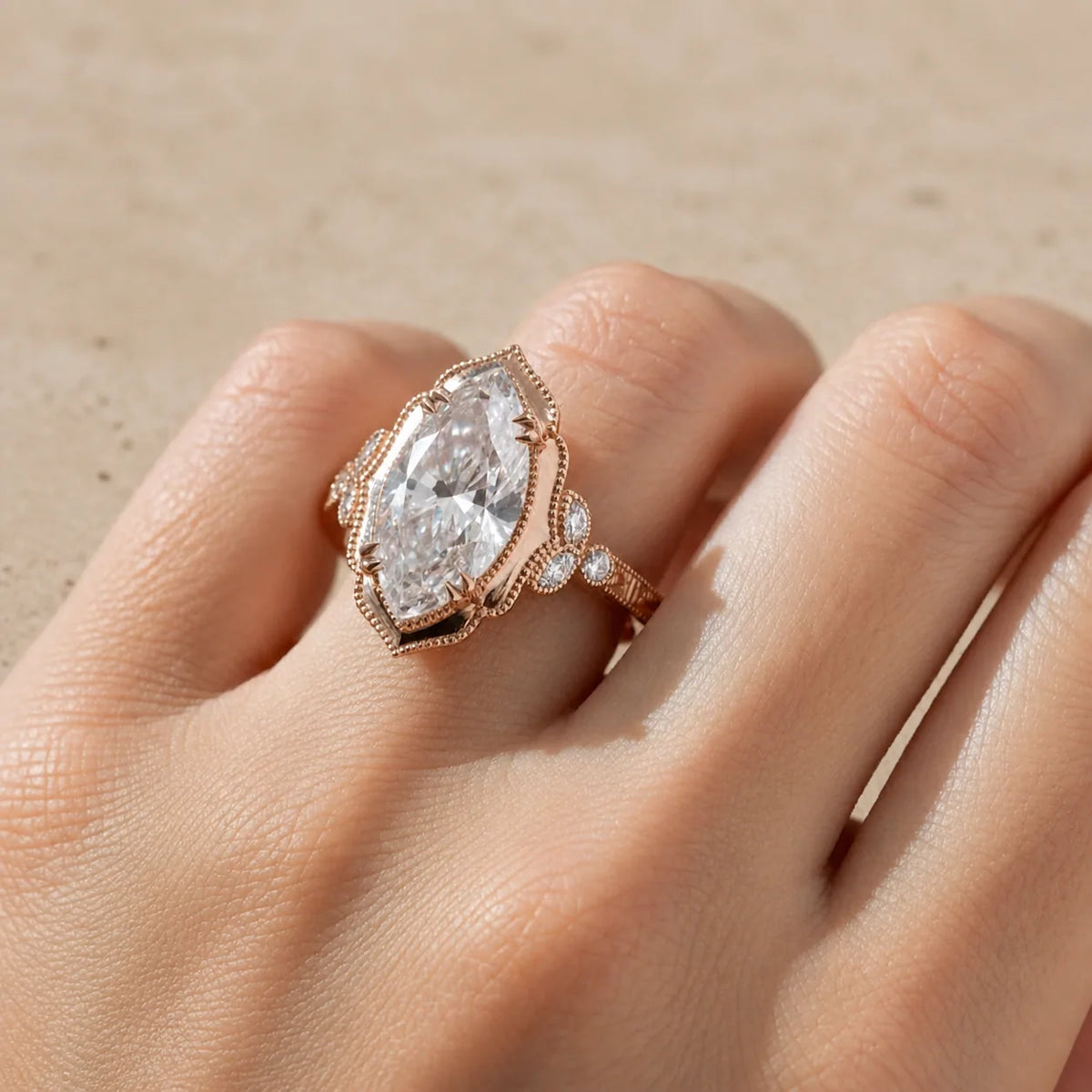 3 CT Marquise Cut Lab-Grown Diamond Hand-Engraved Engagement Ring