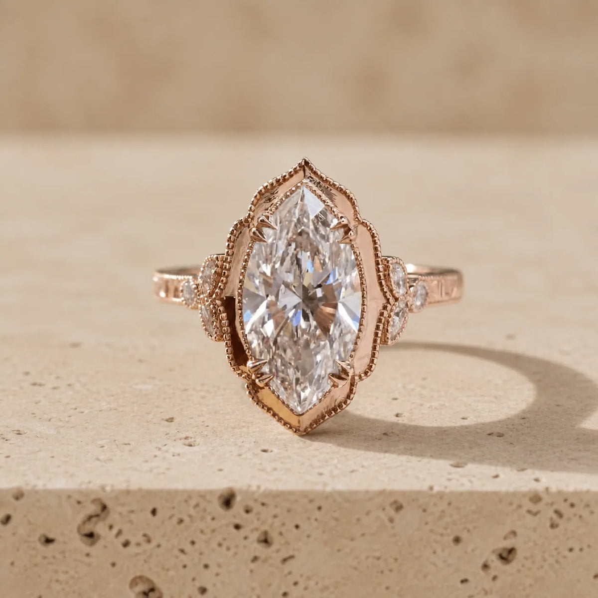 3 CT Marquise Cut Lab-Grown Diamond Hand-Engraved Engagement Ring