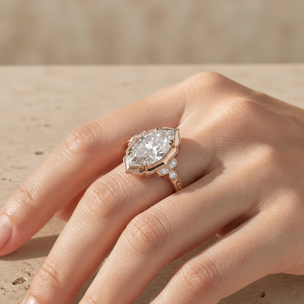 3 CT Marquise Cut Lab-Grown Diamond Hand-Engraved Engagement Ring