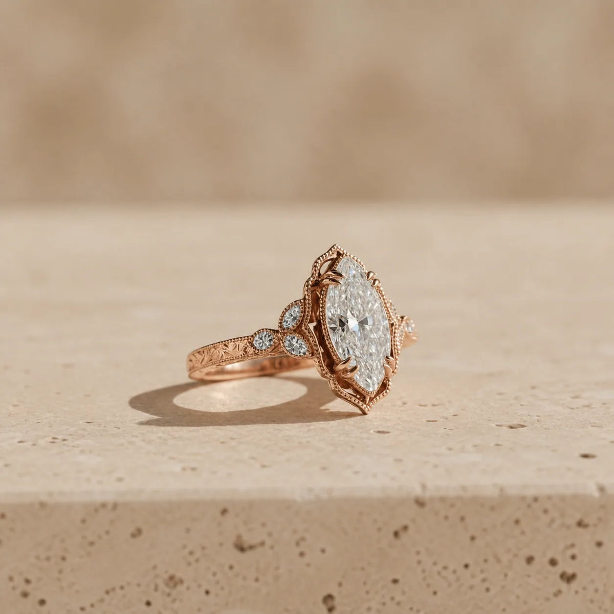 3 CT Marquise Cut Lab-Grown Diamond Hand-Engraved Engagement Ring