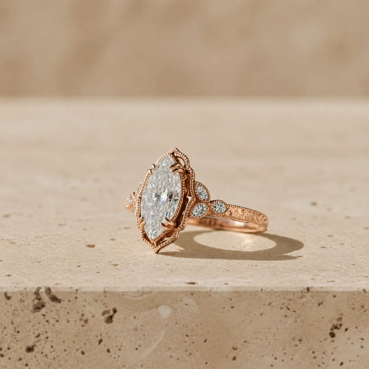 3 CT Marquise Cut Lab-Grown Diamond Hand-Engraved Engagement Ring