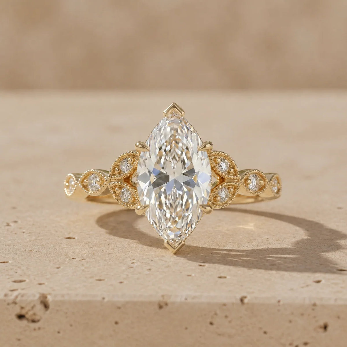 3 CT Marquise Cut Lab-Grown Diamond Leaf-Motif Engagement Ring