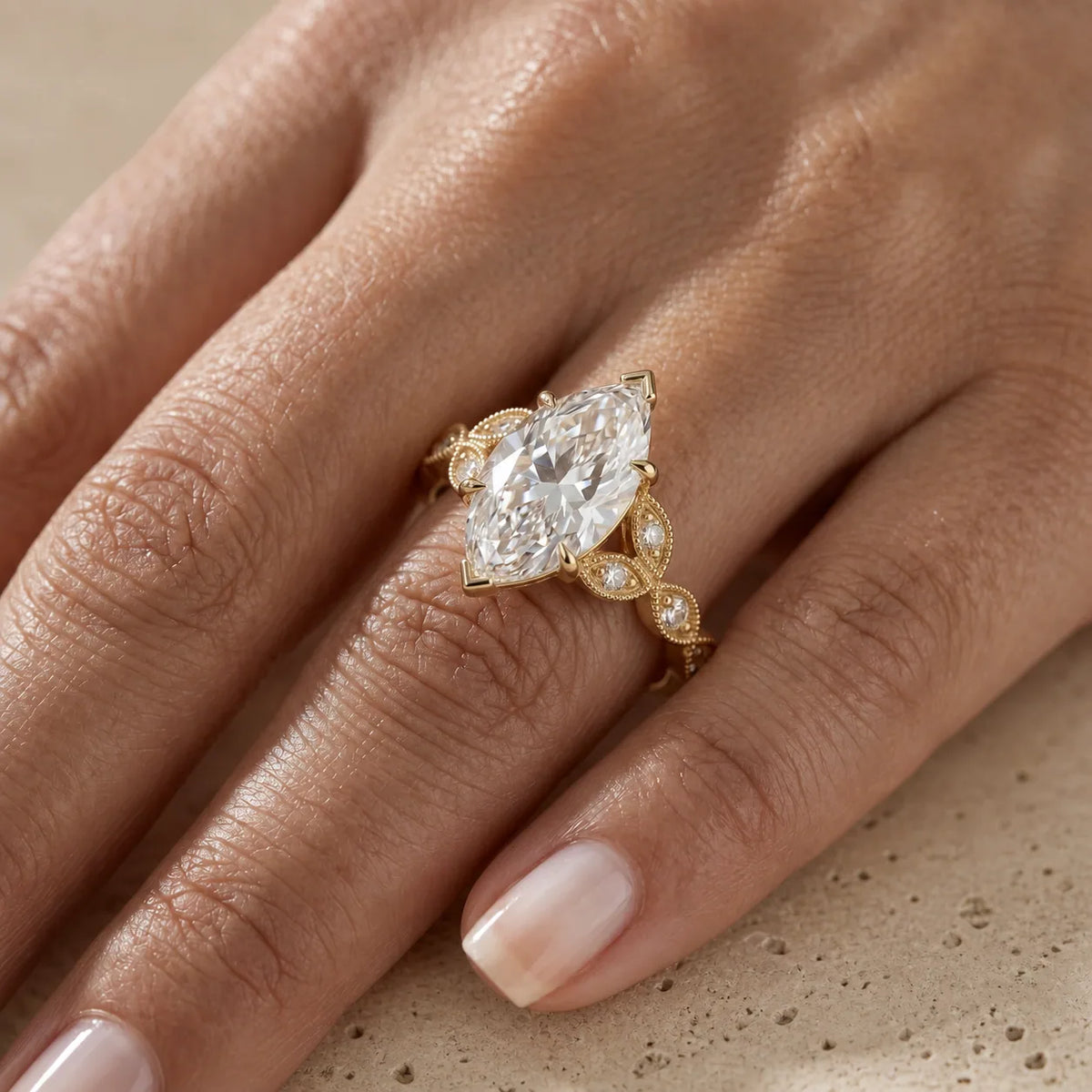3 CT Marquise Cut Lab-Grown Diamond Leaf-Motif Engagement Ring