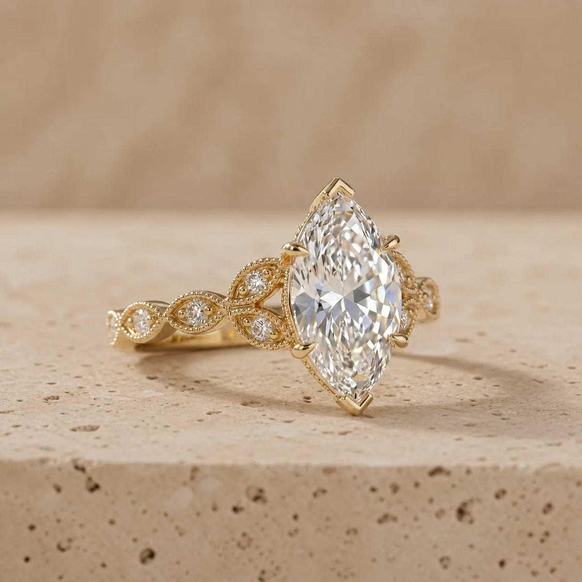 3 CT Marquise Cut Lab-Grown Diamond Leaf-Motif Engagement Ring