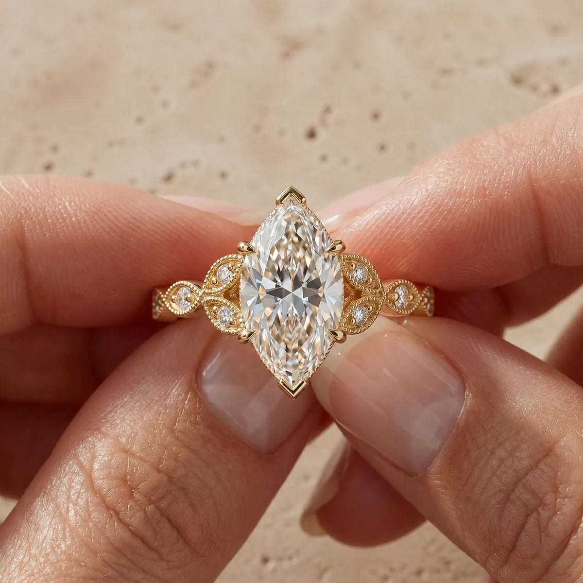 3 CT Marquise Cut Lab-Grown Diamond Leaf-Motif Engagement Ring