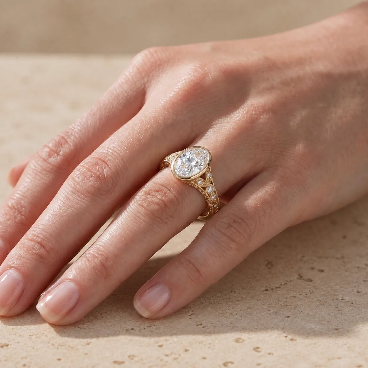 3 CT Oval Cut Lab-Grown Diamond Bezel-Set Engagement Ring