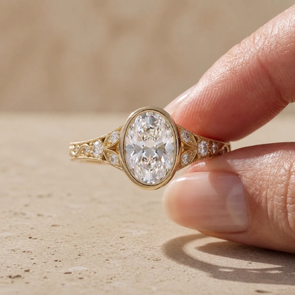 3 CT Oval Cut Lab-Grown Diamond Bezel-Set Engagement Ring