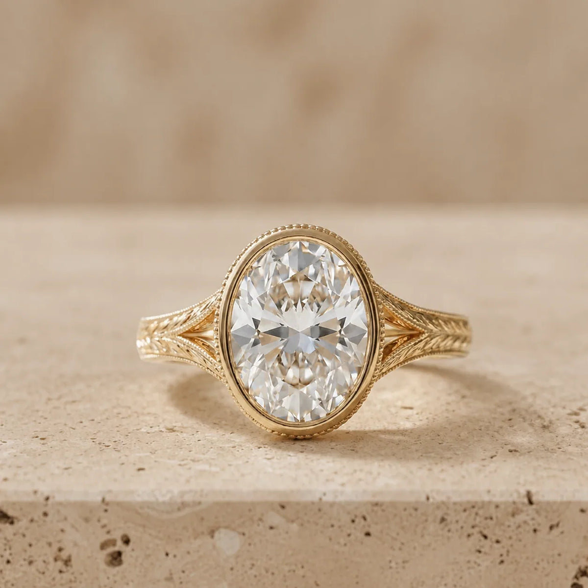 3 CT Oval Cut Lab-Grown Diamond Bezel-Set Leaf-Motif Engagement Ring