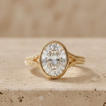 3 CT Oval Cut Lab-Grown Diamond Bezel-Set Leaf-Motif Engagement Ring
