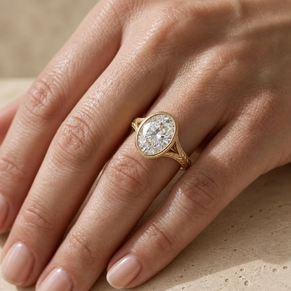 3 CT Oval Cut Lab-Grown Diamond Bezel-Set Leaf-Motif Engagement Ring