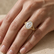 3 CT Oval Cut Lab-Grown Diamond Bezel-Set Leaf-Motif Engagement Ring