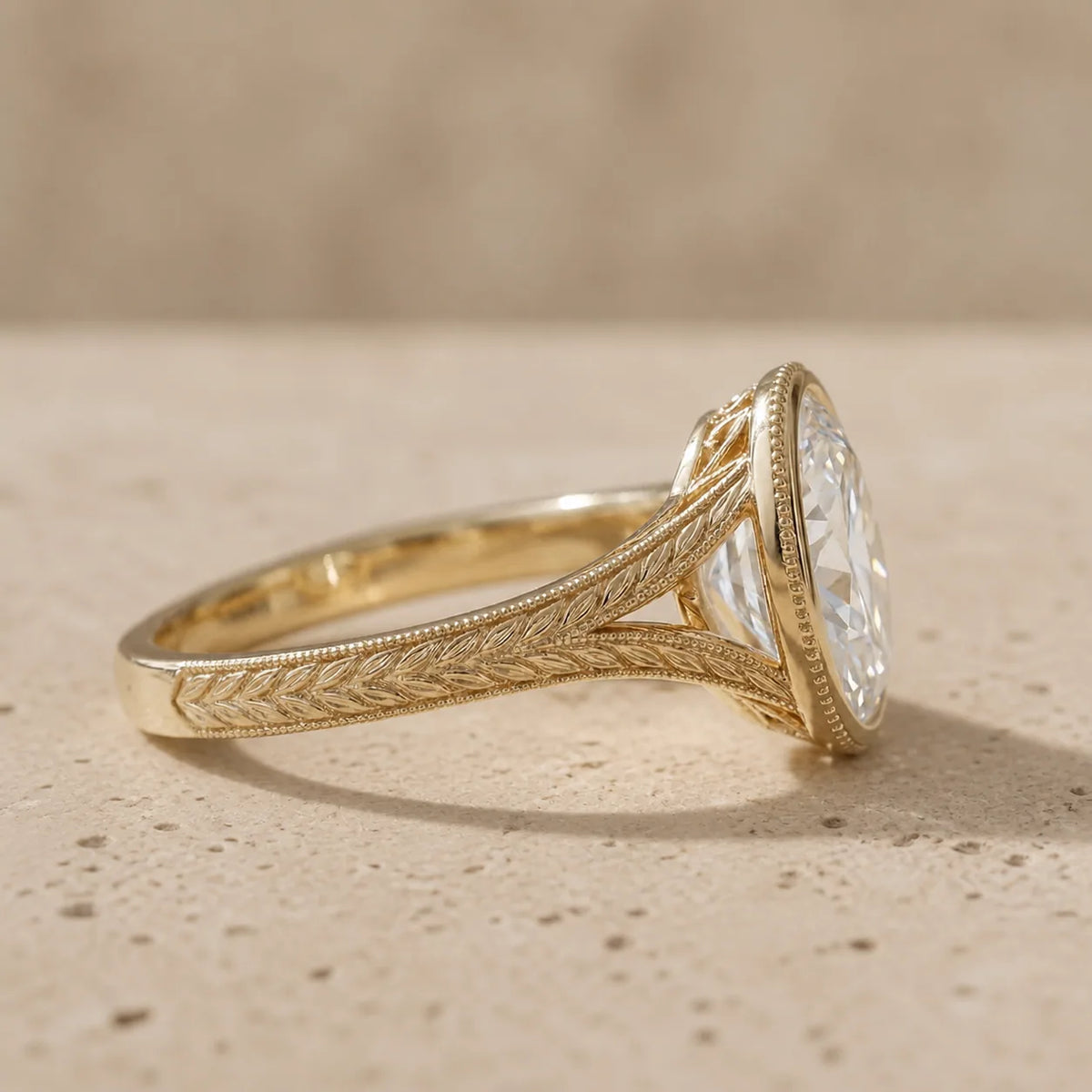 3 CT Oval Cut Lab-Grown Diamond Bezel-Set Leaf-Motif Engagement Ring