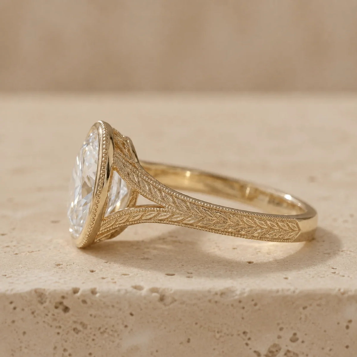 3 CT Oval Cut Lab-Grown Diamond Bezel-Set Leaf-Motif Engagement Ring