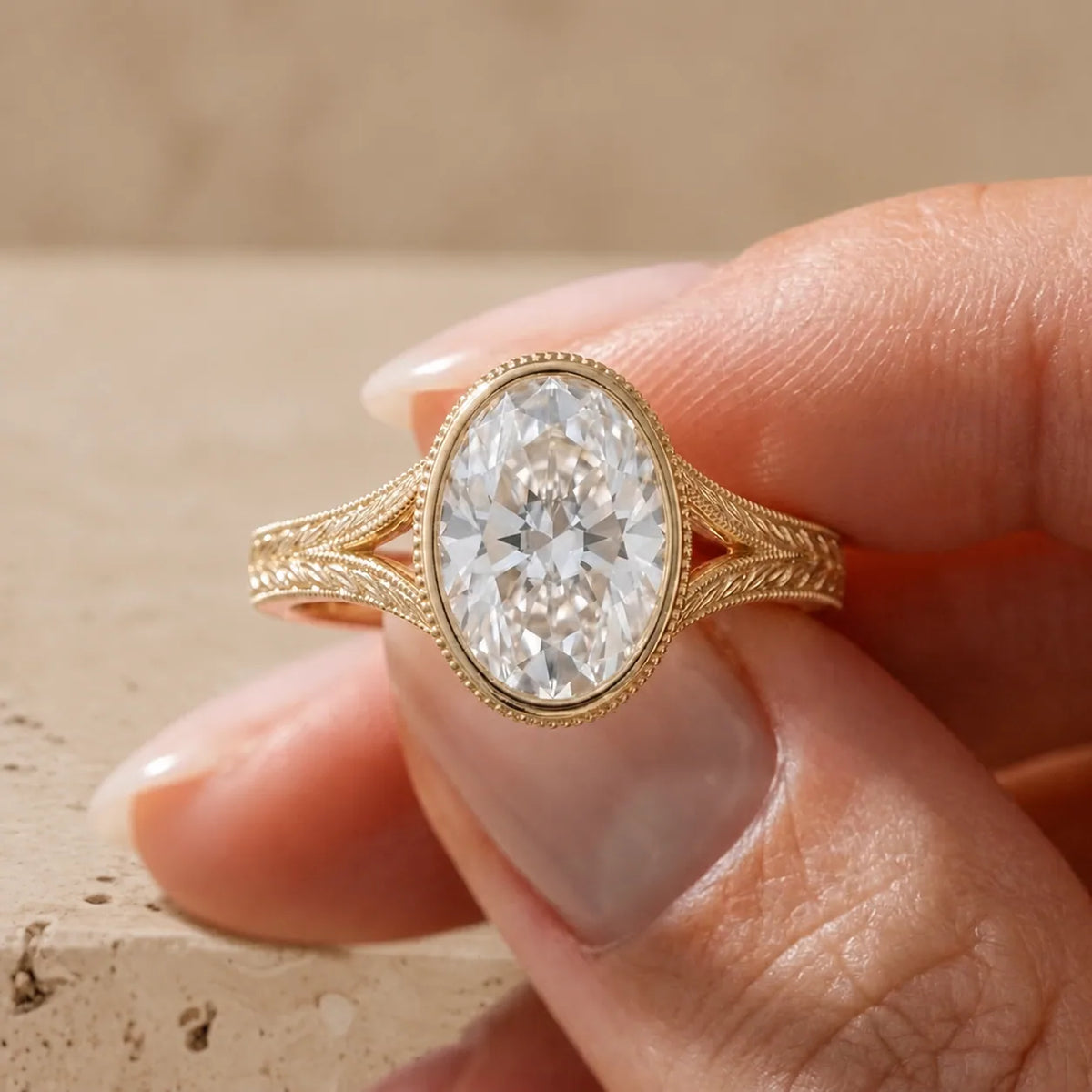 3 CT Oval Cut Lab-Grown Diamond Bezel-Set Leaf-Motif Engagement Ring