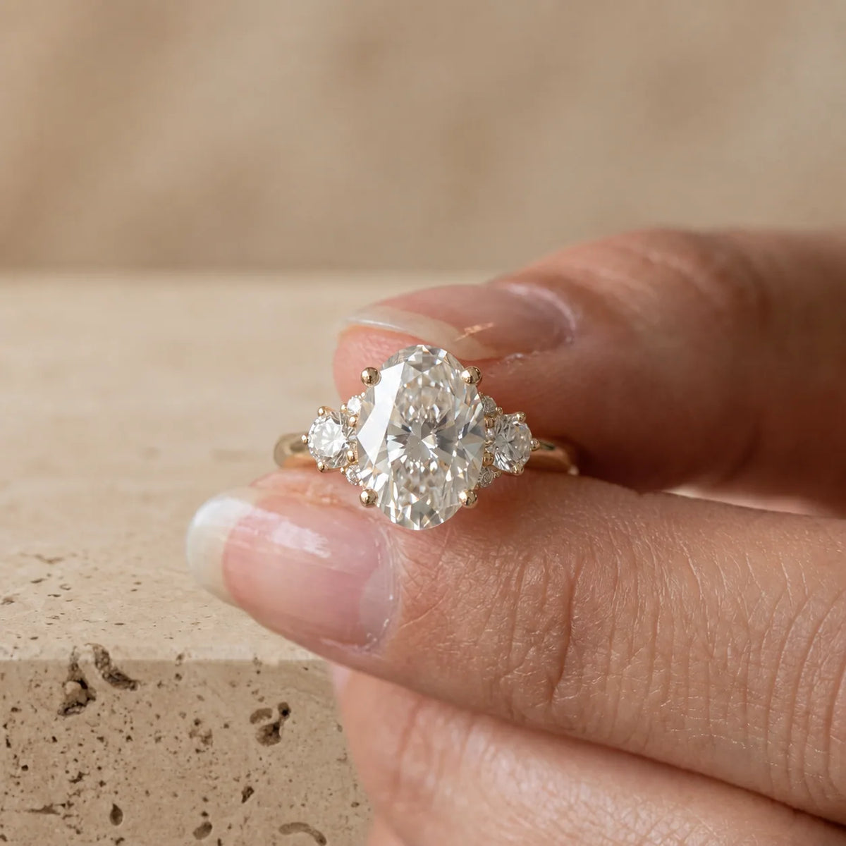 3 CT Oval Cut Lab-Grown Diamond Bezel-Set Three-Stone Engagement Ring
